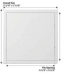 Heavy Duty 16 X 16 Inch Access Panel For Drywall With Rock Solid ABS Plastic Build And Clean White Cover, top view with dimensions.