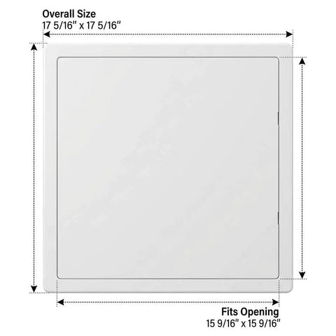 Heavy Duty 16 X 16 Inch Access Panel For Drywall With Rock Solid ABS Plastic Build And Clean White Cover, top view with dimensions.