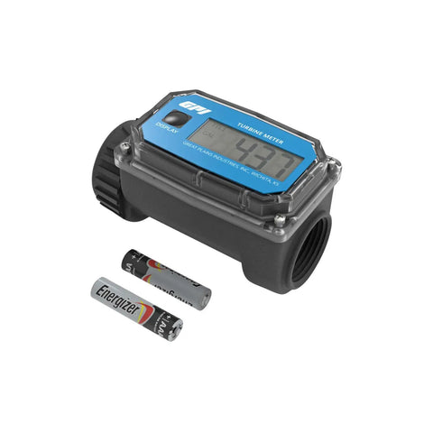Digital Turbine Water Flow Meter With Nylon Body, Reads 3-30 GPM, Lightweight 12 Oz, Easy Nozzle Mount For Quick Reading, Water Only Meter, Durable Nylon Sensor, Includes Batteries And Manual, with batteries shown