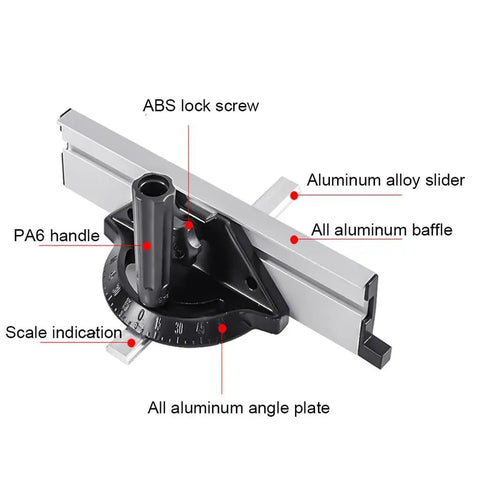 Heavy Duty Adjustable Universal Aluminum Miter Gauge Fence System With Rock Solid Angle Plate Ruler And Easy Grip Push Block For Pro Benchtop Woodworking Builds close-up of adjustable miter gauge features.