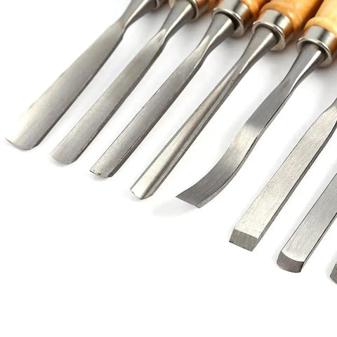 Set of Pro Grade Wood Chisel Set 12 Piece With Carving Gouges And Hardened Steel Chisels, showing close-up of blade edges.