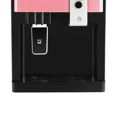 Close-up of the pink Hot And Cold Countertop Water Dispenser For 1-5 Gallon Bottles With Top Loading Design, showing the removable drip tray.