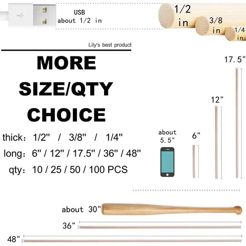 Top Tier 100 Piece 1/8 By 6 Inch Wooden Dowel Rods Smooth Bamboo Craft Sticks various sizes and diameters listed on display.