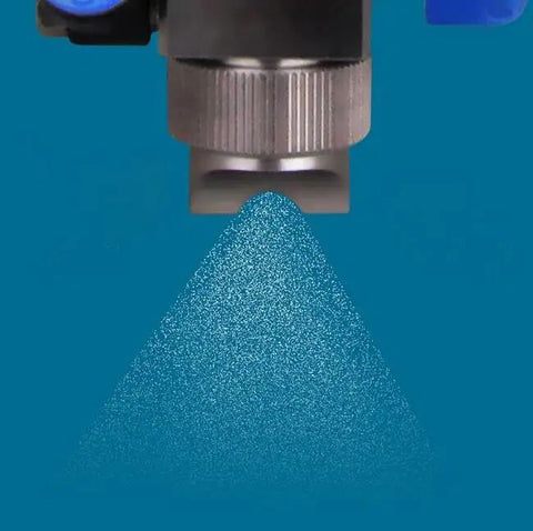 Stream of mist from Pro Grade Precision Pneumatic Spray Valve With Micrometer Knob For Industrial Paint Glue Dispensing.