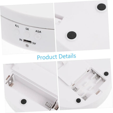 Close-up of controls and battery compartment on the White Electric Rotating Display Stand For Jewelry Watches And Cosmetics Automatic Turntable Showcase With Stable Structure Energy Saving Design Perfect Gift Idea.
