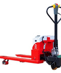 Heavy Duty Full Electric Pallet Jack Truck With Li-Ion Battery handles 4400 lbs load, shown in red and black, ideal for warehouses.