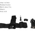 First Person POV Head Mount Phone Holder with strap, adapter, and screws for outdoor filming; 4 to 7 inch clip size