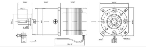 NEMA 23 stepper motor with 15:1 planetary gearbox; side and front blueprint showing output shaft and mounting flange.