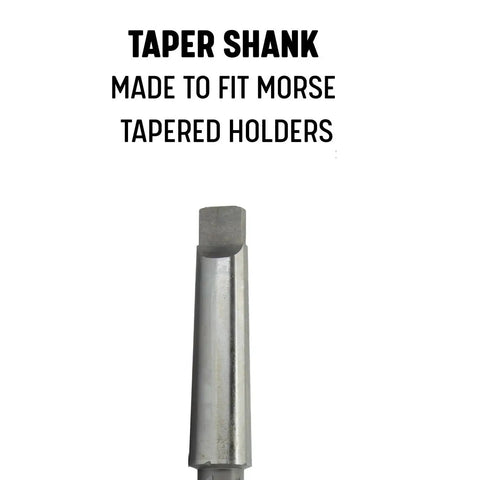 Five Eighths Inch High Speed Steel Taper Shank Chucking Reamer With Straight Flute showing Morse Taper fit close-up.