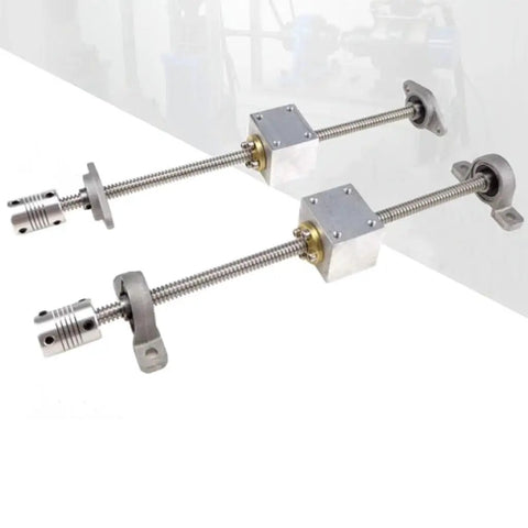 Beefy Heavy Duty Stainless Steel 3D Printer Lead Screw Kit With 8mm Lead And 2mm Pitch shown with brass nut and brackets