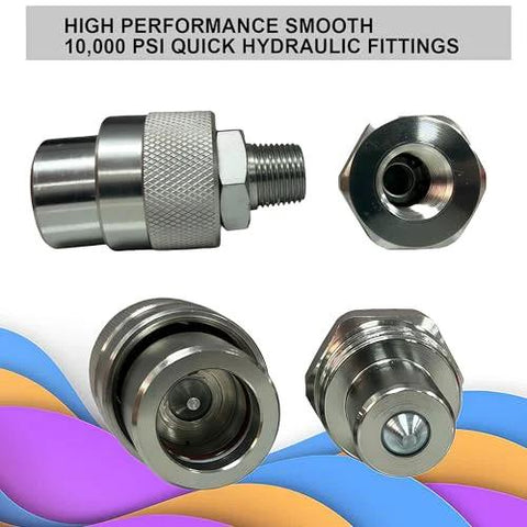 Elifecenter 3/8 NPT hydraulic quick-connect coupler set, stainless steel with knurled sleeve, front and side views.