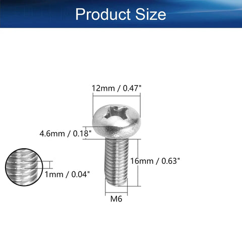 15 Piece M6 Pan Head Machine Screws Tough As Nails 304 Stainless Steel Phillips Cross Drive Fasteners size chart overview