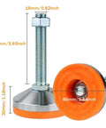 Beefy Stainless Steel Adjustable Leveling Feet With Dead Solid 2600 Lb Support Per Leg M16 Threads, 4 pack showing dimensions and design.