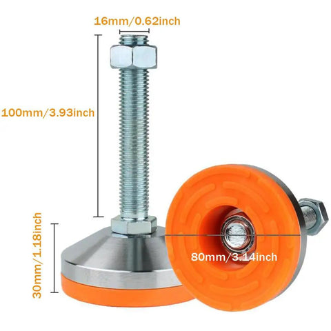Beefy Stainless Steel Adjustable Leveling Feet With Dead Solid 2600 Lb Support Per Leg M16 Threads, 4 pack showing dimensions and design.