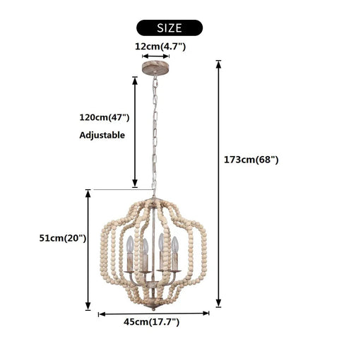Modern Chandelier Light Fixture With Wood Beaded Boho Pendant 4 Lights Orb Design Vintage Farmhouse Ceiling Light dimensions