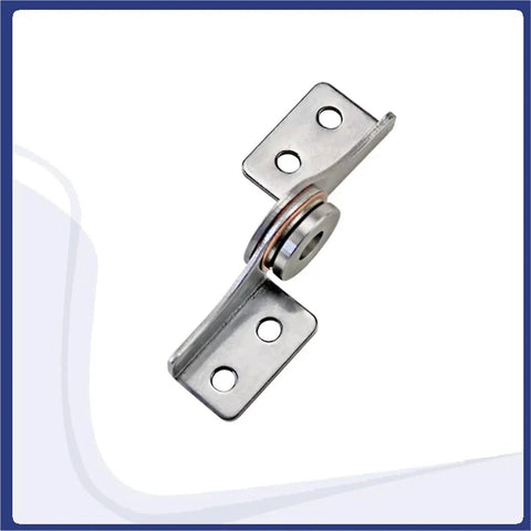 Stainless steel through-hole locate blade torque hinge with two-screw plates and central pivot, angled view