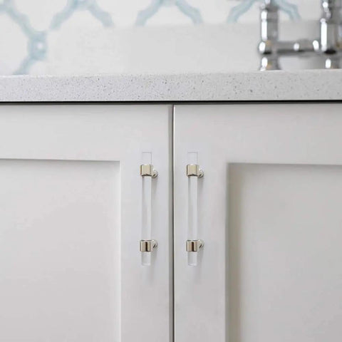 3.25 Inch Acrylic Clear Silver Drawer Pulls For Dresser Cabinets Lucite Knob Hardware With 83mm Center To Center Spacing installed on white cabinets