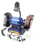 Heavy Duty 1/2 HP Bench Grinder And Belt Sander Combo With 8 Inch Aluminum Oxide Wheel and sanding belt in view.