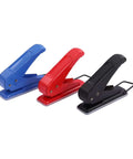 Three Go-To One Quarter Inch Single Hole Punchers in blue, red, and black with ergonomic grips, for school and office use.