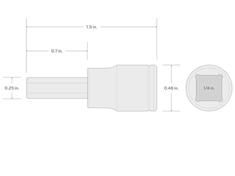 Diagram of One Quarter Inch Drive Hex Bit Socket Built Tough In S2 Steel Nine Sixty Fourth Inch Hex, dimensions detailed