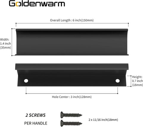 Diagram showing dimensions of 10 Pack Finger Edge Pulls For Black Cabinet Handles And Drawer Pulls With 5 Inch Hole Centers, includes screws.