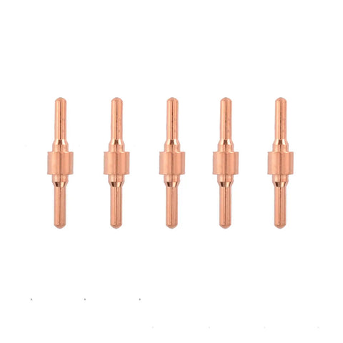 Five copper electrodes from the 60 Piece Extended Air Plasma Cutting Consumables Kit For PT-31 JG-40 WSD-40 Torches With Tips Nozzles Electrodes Shrouds Gas Rings For CUT-40 CUT-50D CT-312 Replacement Parts on a white background