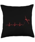 Glider Airplane Heartbeat Pilot Throw Pillow For Airshow Fans And Flight Lovers Dope Funny Gliding Soaring Cushion on black background