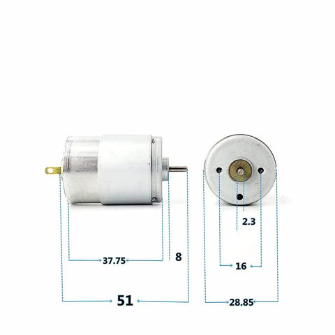RS-385 Beast High Speed DC Motor 6V-24V 11000RPM Mini Carbon Brush Engine with measurements for DIY Projects and Hobby Machines