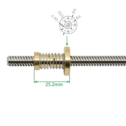 Two Piece No Backlash Brass Nut For T8x8 Acme Lead Screw 8mm Thread 2mm Pitch 4 Starts shown with measurement