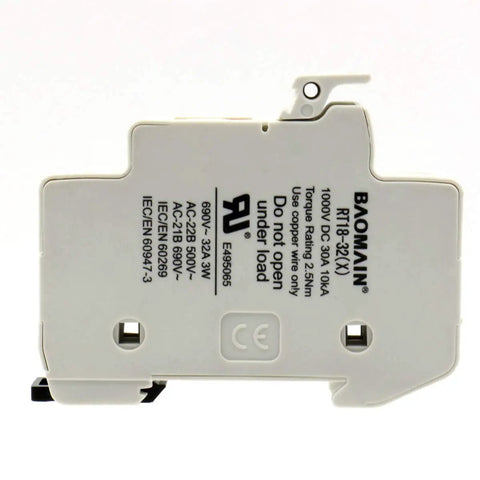 Side view of Heavy Duty 4 Pole DIN Rail Fuse Holder for 10x38mm Fuses, 32A 690VAC, RT18-32 Compatible, showing specifications.