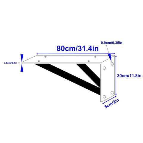 Killer Heavy Duty Shelf Brackets 80 Inch White Wall Mounted Triangle Supports dimensions diagram showing sizes and thickness.