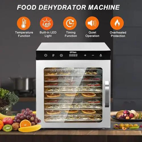 Built Different 10 Layer Food Dehydrator With Stainless Steel Trays, Badass Electric Jerky Dryer For Fruits Meat And Veggies, Adjustable Temp And Smart Timer, Commercial Grade Home Kitchen Gear That Truly Crushes It, front view showcasing fruits on trays.