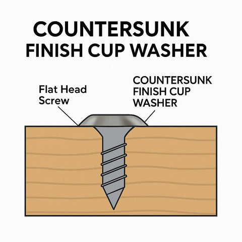 Countersunk finish cup washer, #8 stainless steel, shown with flat-head screw in wood