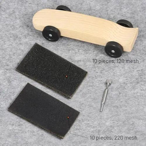 Wheel Turning Mandrel Tool For Pinewood Derby Cars With 20 Sandpaper Sheets In 120 And 220 Grit For Precise Wheel Polishing
