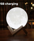 3D Printed Moon Lamp Night Light With Touch Control, USB Rechargeable, sits on wooden stand with realistic lunar surface