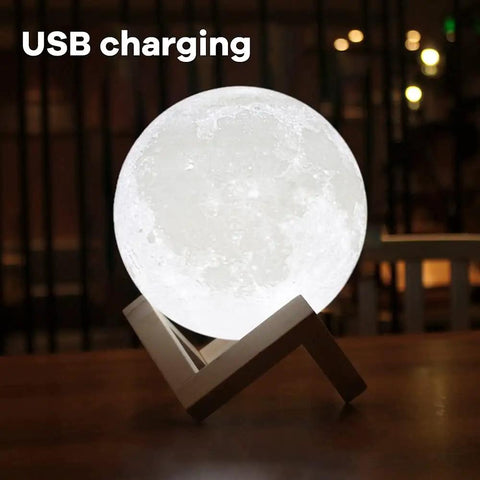 3D Printed Moon Lamp Night Light With Touch Control, USB Rechargeable, sits on wooden stand with realistic lunar surface