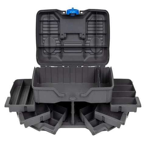 Open Next Gen 6 0 Large Fishing Tackle Box With 6 Pivot Trays And 32 Compartments Includes 25 Piece Starter Tackle Kit Heavy Duty Gear Storage