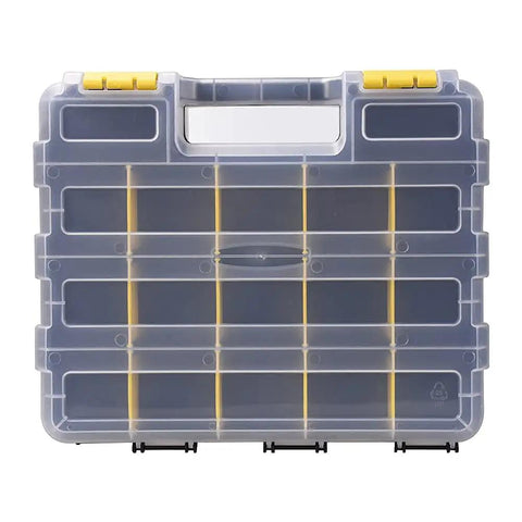 Double Sided 34 Compartment Tool Organizer Box With Removable Dividers, transparent lid, handle and yellow latches