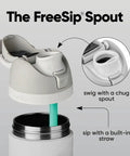 Top Tier Insulated Stainless Steel Water Bottle 32 Oz With Chill FreeSip Dual Drink Modes showing spout features for sip or swig.