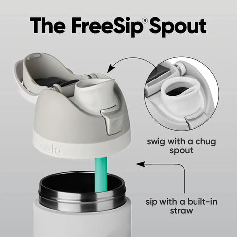 Top Tier Insulated Stainless Steel Water Bottle 32 Oz With Chill FreeSip Dual Drink Modes showing spout features for sip or swig.