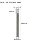 Built To Last Premium 2x25mm 304 Stainless Steel Dowel Pins With Knurled Heads, side view with measurements in mm and inches.