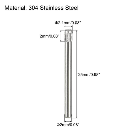 Built To Last Premium 2x25mm 304 Stainless Steel Dowel Pins With Knurled Heads, side view with measurements in mm and inches.