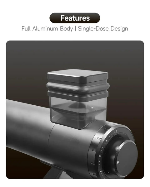 Heavy Duty Electric Coffee Grinder Loaded With Sixty Millimeter Blind Flat Burr And Forty Eight Precision Settings For Espresso Pour Over And Drip Sips Low Retention Single Dose Setup, showing full aluminum body with single-dose container.