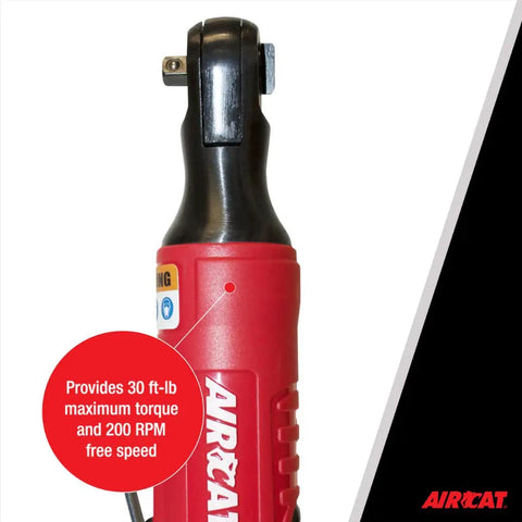 Beefy Yet Compact One Quarter Inch Mini Pneumatic Ratchet With 280 RPM And 30 Ft Lbs Torque Fast Run Down Easy Reach Into Tight Spots Ergonomic Grip Built For Auto Shop Work And DIY Projects, shown with red ergonomic handle and torque label.
