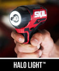 Power Core 20 Brushless 20V Three Eighths Inch Compact Impact Wrench Kit with Halo Light in hand, focus on Halo Light feature