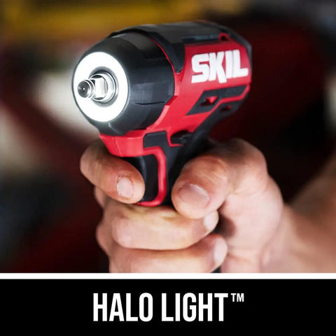 Power Core 20 Brushless 20V Three Eighths Inch Compact Impact Wrench Kit with Halo Light in hand, focus on Halo Light feature