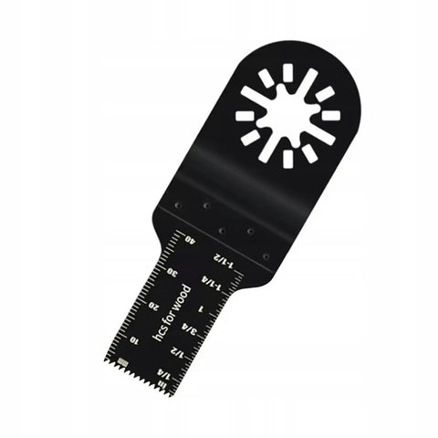 Close-up of HCS blade from Pro-Grade Oscillating Tool Accessory Kit 24-Piece Set, featuring OIS adapter, marked for wood cutting.