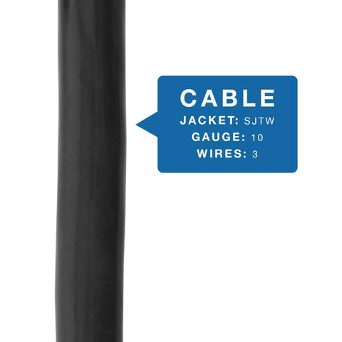 Close-up of SJTW jacket showing gauge 10, 3 wires for Fifteen Foot Locking Power Cord For NEMA L6 30P To SJTW Ten Three 30 Amp 250 Volt Heavy Duty All Weather UL Listed Copper Wire With Durable Construction For Reliable Outdoor Use.