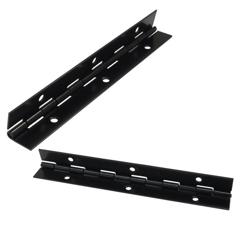 Rock Solid Black Piano Hinges For Cabinets Closets And Storage Boxes Featuring 6 Inch Continuous Stainless Steel design, showing two black piano hinges.