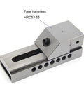 Heavy Duty Cnc Bench Vise With Kickass Grip And Versatile Clamping Slots For Rock Solid Holding Of Square And Round Parts Featuring Replaceable Jaws To Get Ya Work Done Fast showing face hardness HRC53-55 details.